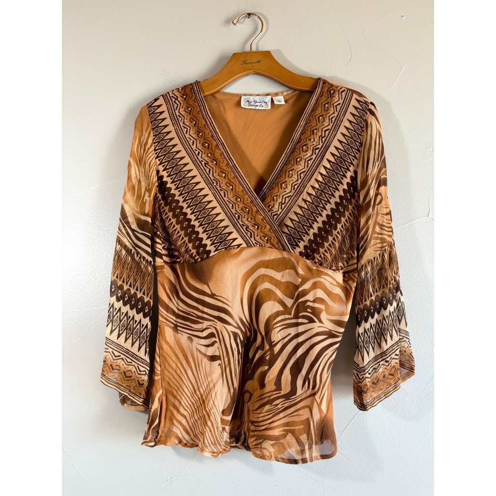 New York City Design Co Vintage 100% Silk Zebra Tribal Beaded V-Neck Top Large